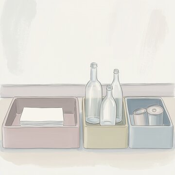紙と瓶と缶を分けた家庭の資源回収準備のイラスト