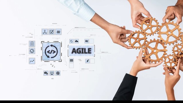Hands join together with gears in a collaborative effort, representing agile methodology in a digital business environment focused on innovation and teamwork. Raster
