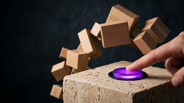 Remote work online shopping concept with button and parcels