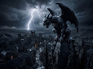Obraz premium Stone gargoyle perched upon a gothic cathedral roof overlooking a medieval city during a dark rainstorm with lightning striking the horizon under clouds creating a powerful atmosphere of mystery