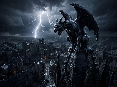 Stone gargoyle perched upon a gothic cathedral roof overlooking a medieval city during a dark rainstorm with lightning striking the horizon under clouds creating a powerful atmosphere of mystery