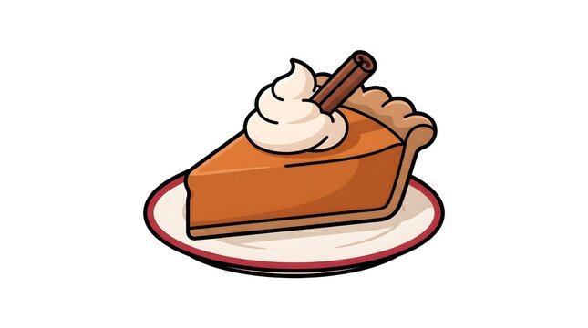 Slice of pumpkin pie topped with whipped cream and a cinnamon stick on a red rimmed plate, Thanksgiving dessert vector illustration