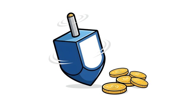 Spinning blue dreidel with chocolate gold coins gelt, Hanukkah game vector illustration