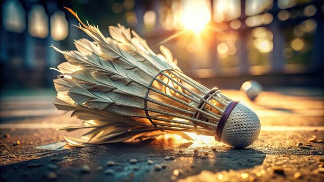A damaged badminton shuttlecock lying on the ground its feathers ruffled and twisted in a tangled defeated sprawl