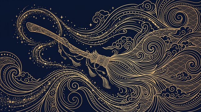 Magic golden broomstick with swirling cosmic waves for mystical halloween witch imagery.