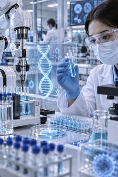 Scientist in sterile biotech lab using robotic arm and holographic DNA for advanced genetic engineering research.