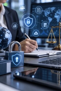 Data privacy and secure information governance supported by enterprise security controls and business professional documenting compliance procedures.