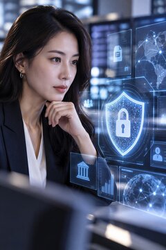 Digital trust and data security strategy for protected information management, overseen by a female business professional in a modern office.