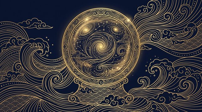 Mystical crystal ball displaying swirling galaxy and constellations surrounded by golden ocean waves.