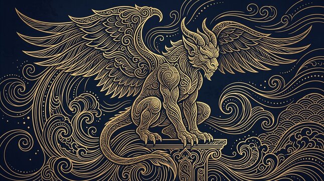 Majestic golden griffin gargoyle statue standing amidst swirling line art clouds and waves.