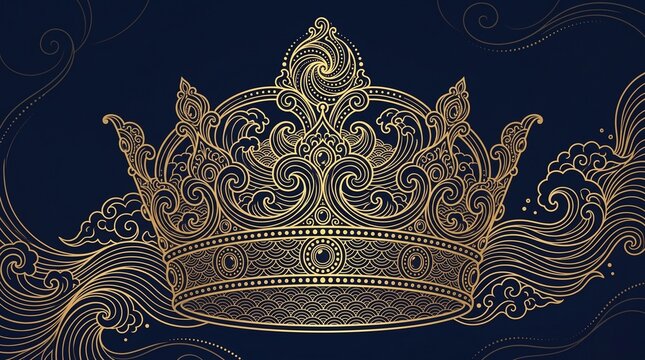 Royal golden crown with intricate wave and cloud patterns on navy blue backdrop.