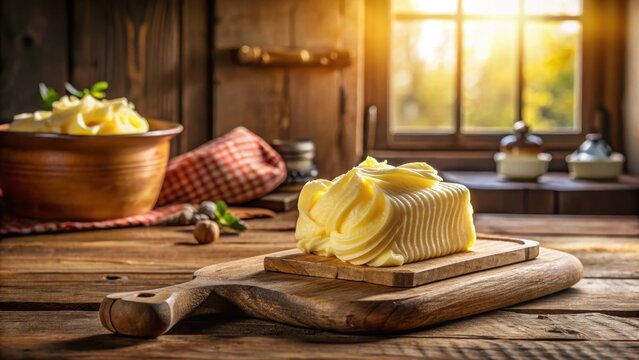 A curl of freshly churned butter on a rustic wooden slab nestled within a sundappled vintage farmhouse kitchen scene