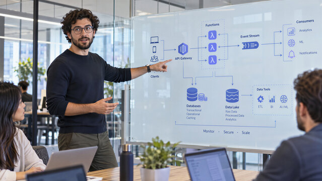 Tech presenter pointing at cloud architecture diagram on glass whiteboard, software developer leading IT strategy meeting in modern office space