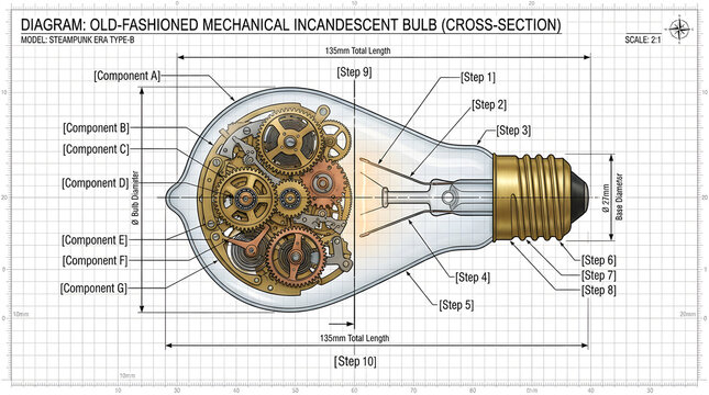 Steampunk mechanical incandescent bulb cross-section diagram, vintage technical blueprint illustration, antique gear lightbulb schematic concept isolated on White Background