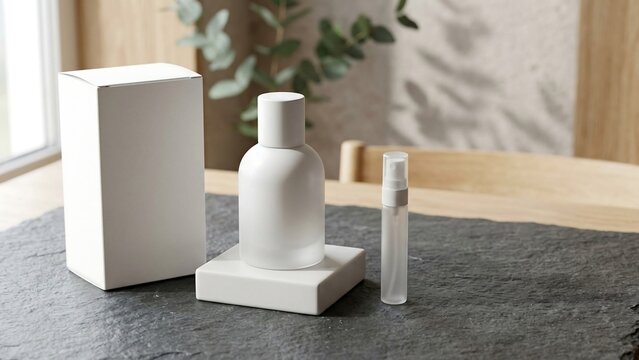 Minimalist blank white perfume bottle mockup with packaging box and glass sampler spray on dark stone surface in bright room with natural plant shadows for cosmetic branding and design