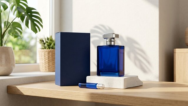 Elegant blue glass perfume bottle with matching dark blue packaging box and sample vial on a wooden shelf near a bright window with natural sunlight and plant leaf shadows, luxury mockup.