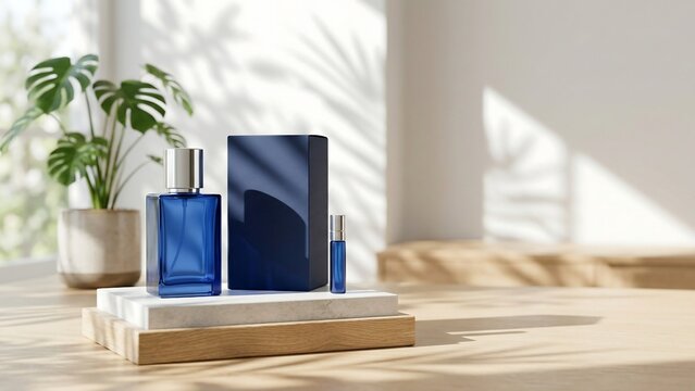 Elegant Blue Glass Perfume Bottle and Packaging Box on Marble Stone Pedestal, Minimalist Bright Interior Background with Natural Sunlight and Soft Tropical Leaf Shadows, Luxury Fragrance Mockup