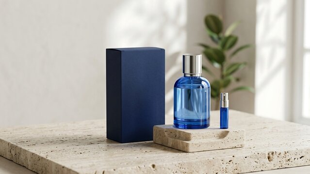 Elegant blue glass perfume bottle with matching dark navy box packaging and travel size spray atomizer on a natural travertine stone surface in a minimalist bright interior with soft shadows