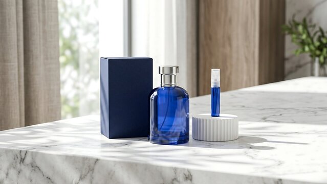 Elegant blue glass perfume bottle with matching blank packaging box and a small sampler vial on a white marble table in a bright modern interior with soft natural leaf shadows for mockup