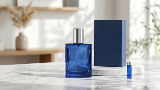 Elegant blue glass perfume spray bottle with blank matching gift box and a travel size mini vial on white marble surface in a bright minimalist interior with soft shadows and natural sunlight.