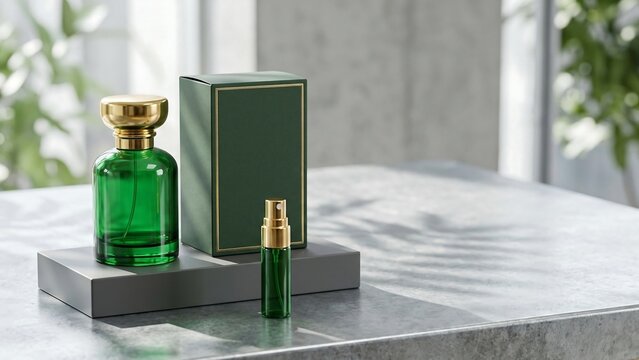 Emerald Green Luxury Perfume Glass Bottle with Gold Cap and Matching Packaging Box on Modern Stone Table, Elegant Fragrance Product Presentation with Soft Natural Leaf Shadows Background