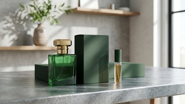 Elegant Green Glass Perfume Bottle with Gold Cap and Matching Packaging Box on a Grey Stone Countertop in a Bright Modern Interior with Natural Sunlight, Luxury Fragrance Branding Mockup Template.