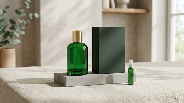 Minimalist luxury perfume packaging mockup featuring a green glass bottle with gold cap and a dark green cardboard box on a stone pedestal against a bright interior with eucalyptus plants