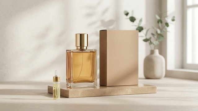 Elegant Glass Perfume Bottle with Golden Liquid and Blank Cardboard Packaging Box on Stone Slab in Minimalist Room with Natural Sunlight and Soft Plant Shadows for Fragrance Product Branding Mockup