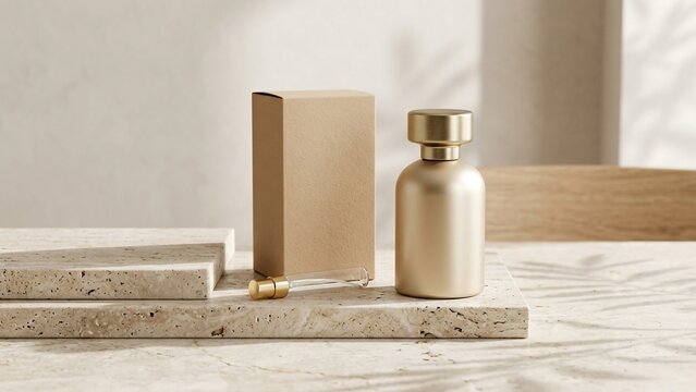 Minimalist Luxury Gold Perfume Bottle Mockup with Cardboard Packaging Box and Glass Sample Vial on Natural Stone Surface Under Soft Sunlight Shadows for Branding Presentation