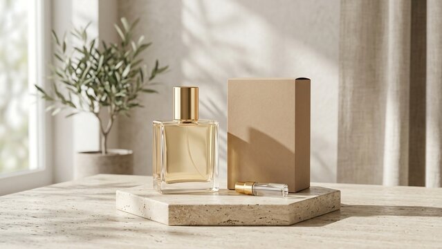 Minimalist Glass Perfume Bottle with Gold Cap and Blank Packaging Box on Travertine Stone Pedestal against Natural Sunlight Shadows and Olive Tree Branch Background for Luxury Branding Mockup