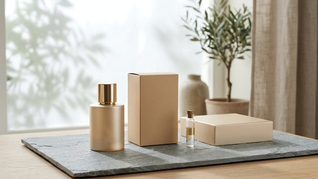 Elegant Minimalist Perfume Bottle and Packaging Mockup Set on Slate Tray with Gold Tones, Featuring a Glass Vial and Cardboard Boxes in a Bright Airy Room with Natural Sunlight and Olive Tree