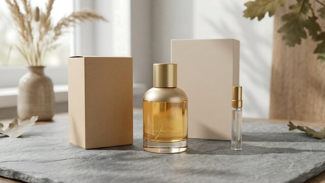 Elegant perfume glass bottle with golden fragrance liquid, small sample vial and blank packaging boxes on stone surface in a soft natural light setting for luxury cosmetic branding mockup