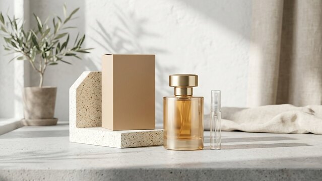 Elegant Glass Perfume Bottle with Gold Cap, Blank Cardboard Mockup Packaging Box, and Fragrance Scent Sampler on Textured Surface with Natural Sunlight and Olive Plant