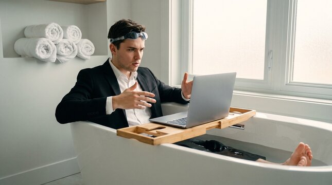 Remote Work Anywhere Concept: Man in Suit and Goggles Working on Laptop in Bathtub