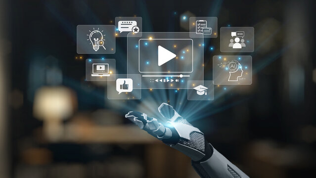 A robotic hand extends toward digital icons showcasing concepts like media, education, and technology, illustrating the intersection of human and machine in a modern world. Salient