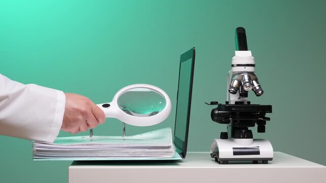 Scientist wearing a lab coat holding a magnifying glass over a binder of documents while a microscope and laptop stand nearby, symbolizing thorough research and scientific analysis
