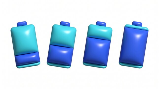 Set of four blue and cyan 3d battery icons showing different charge levels from empty to full power status