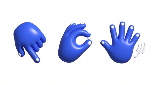 Set of three blue 3d cartoon hands showing pointing ok and waving gestures for communication and user interface design