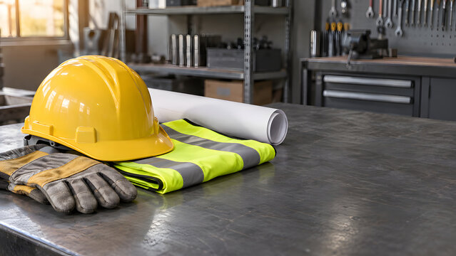 Construction Safety Gear with Hard Hat and Rolled Blueprint