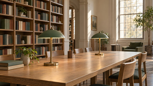 Sunlit Library Reading Room with Long Oak Study Table
