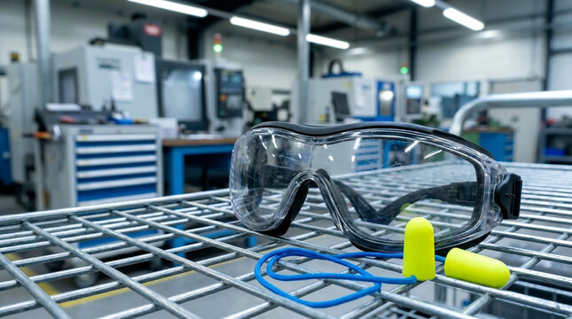 Safety goggles and yellow foam earplugs on wire rack in factory workshop, workplace protective equipment concept