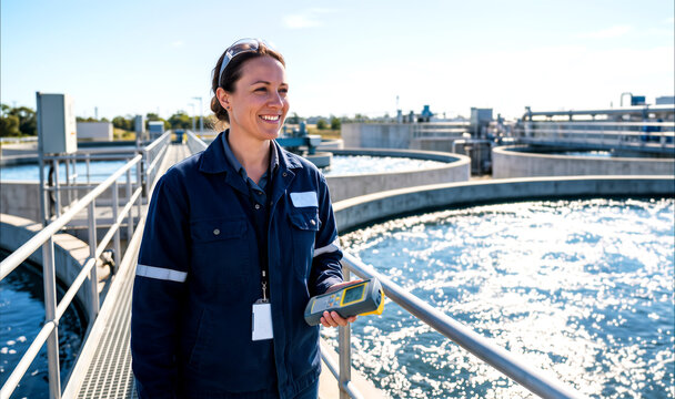 Smiling water treatment engineer holding handheld meter on walkway above clarifier tanks, environmental monitoring and wastewater concept