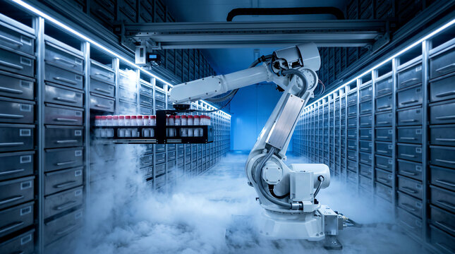 White robotic arm moving sample tubes in cold storage biobank with fog, laboratory automation and biotechnology concept