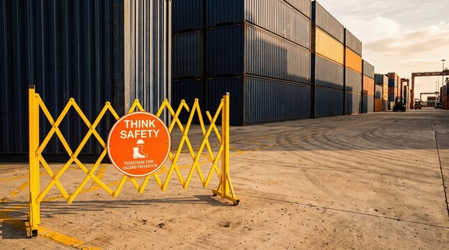 Expandable yellow safety barrier with round orange sign at shipping container yard at sunset, port logistics safety concept
