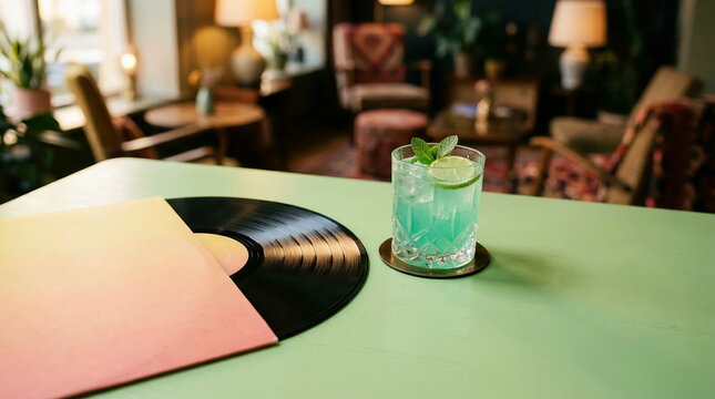 Vinyl record with pastel sleeve beside mint lime cocktail on green table, cozy lounge interior, retro music bar concept