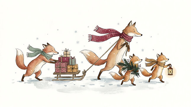 Watercolor drawing of foxes in line pulling and pushing sled full of wrapped boxes isolated on white background