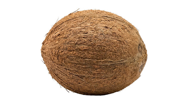 A single whole tropical brown coconut fruit with a rough fibrous outer husk displayed as an isolated object on a transparent background isolated on transparent background