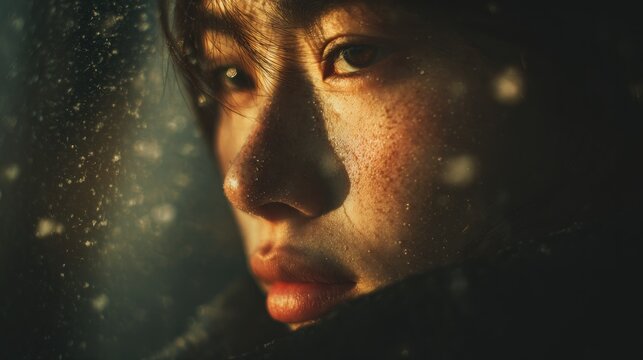 Dramatic close-up portrait of freckled woman in sunlight.