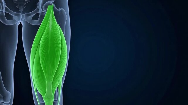 3D medical illustration of the human leg muscles highlighting the quadriceps femoris group in green against a dark background