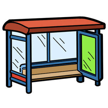 Cute cartoon bus stop modern street shelter with waiting bench and green advertising board urban infrastructure illustration isolated on transparent background
